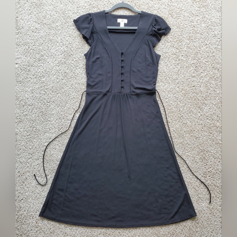 Button Front Flutter Sleeve Midi A-Line Dress with Waist Tie Back